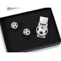 Soccer Ball Money Clip and Rounded Soccer Ball Cufflink Set with Gift Box